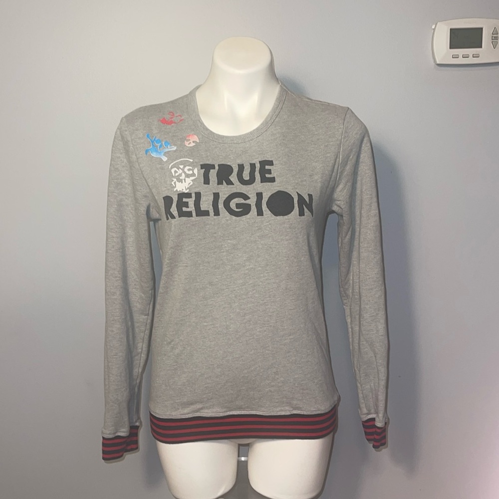 True Religion ladies skull pullover sweatshirt. Gray with red and black trim